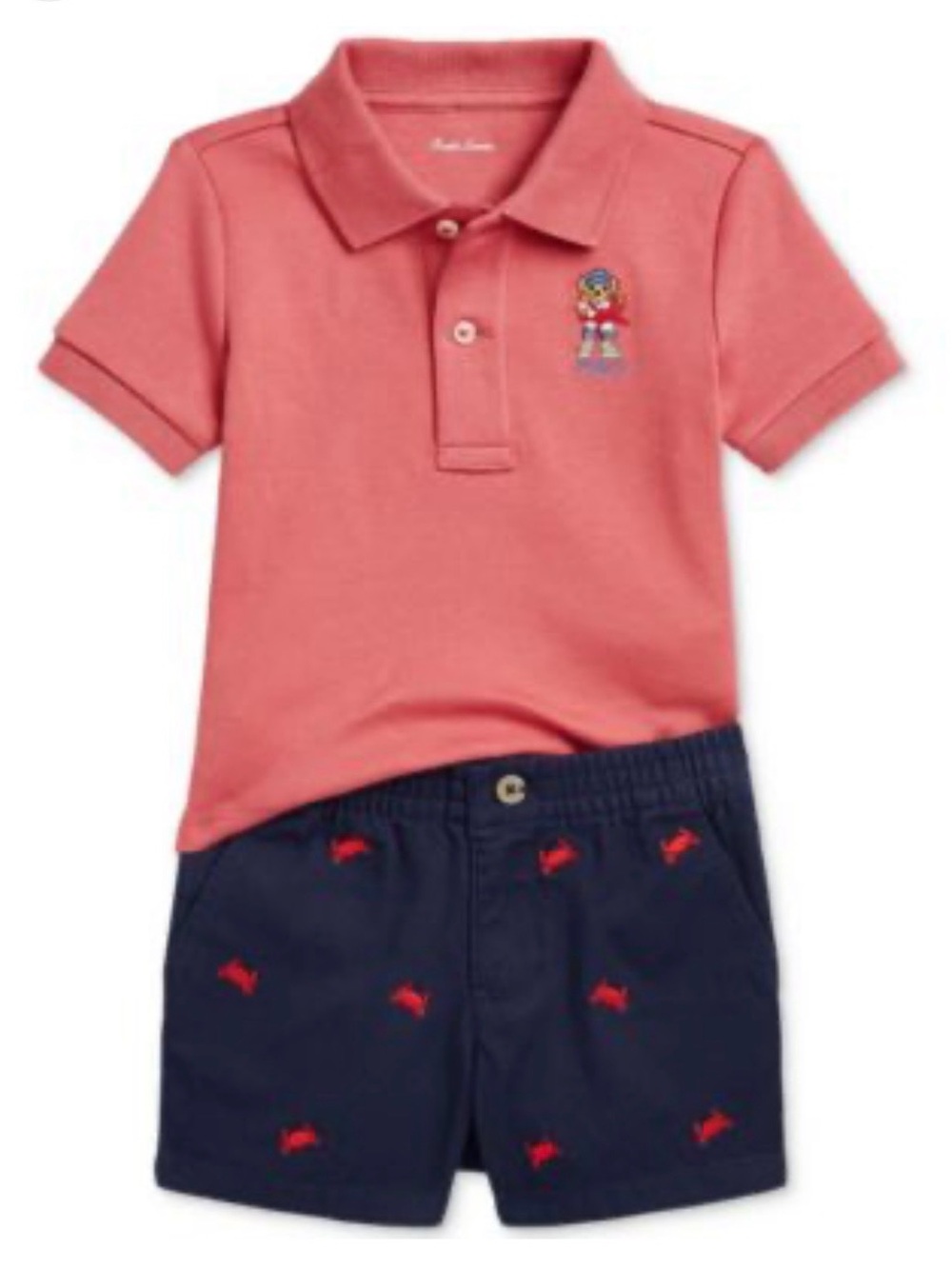 Ralph Lauren Red Polo shirt with Navy Crab-Embroidered Shorts Set 9M